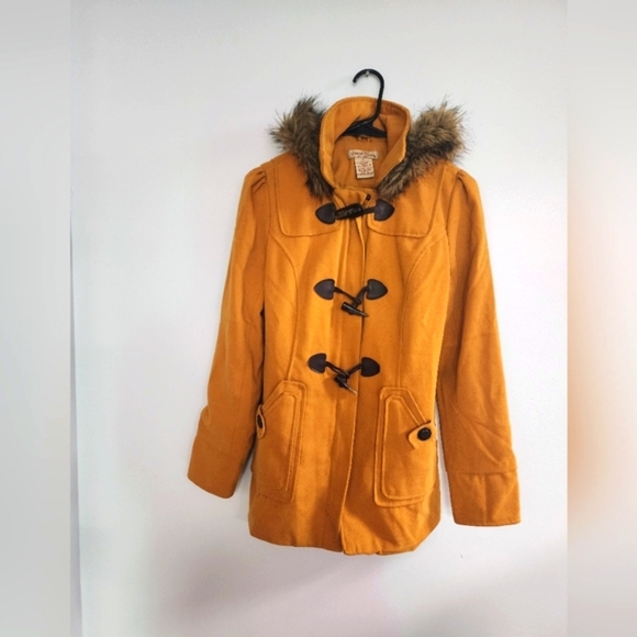 Women's Mustard Toggle Coat with Faux Fur Trim - Picture 2 of 3